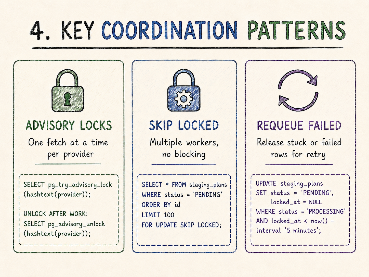Postgres coordination patterns with advisory locks, SKIP LOCKED and requeue